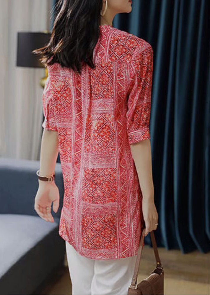 French Red V Neck Print Asymmetrical Design Patchwork Chiffon Shirts Top Summer