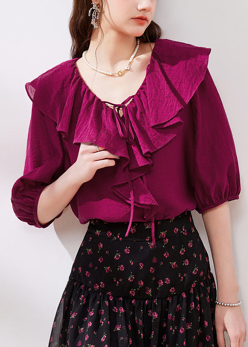 French Rose Ruffled Lace Up Silk Shirts Half Sleeve