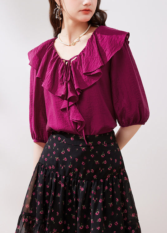 French Rose Ruffled Lace Up Silk Shirts Half Sleeve