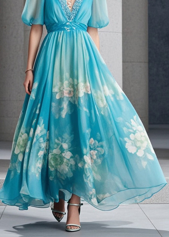 French Sea Blue Print Exra Large Hem Chiffon Long Dresses Summer