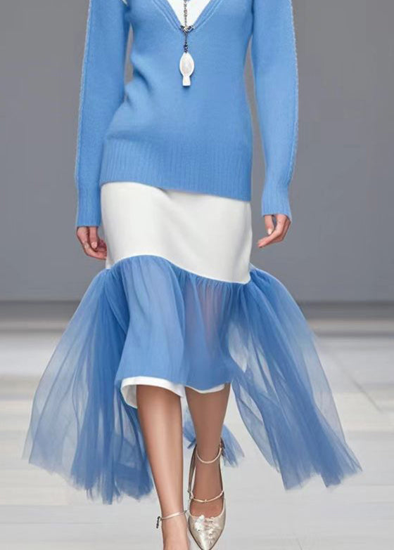 French Sea Blue V Neck Patchwork Tulle Sweater Dress Winter