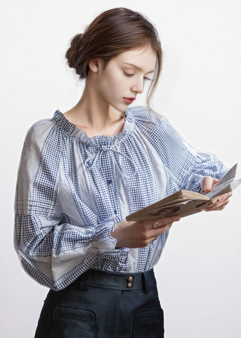 French Style Blue Ruffled Patchwork Cotton Blouses Fall