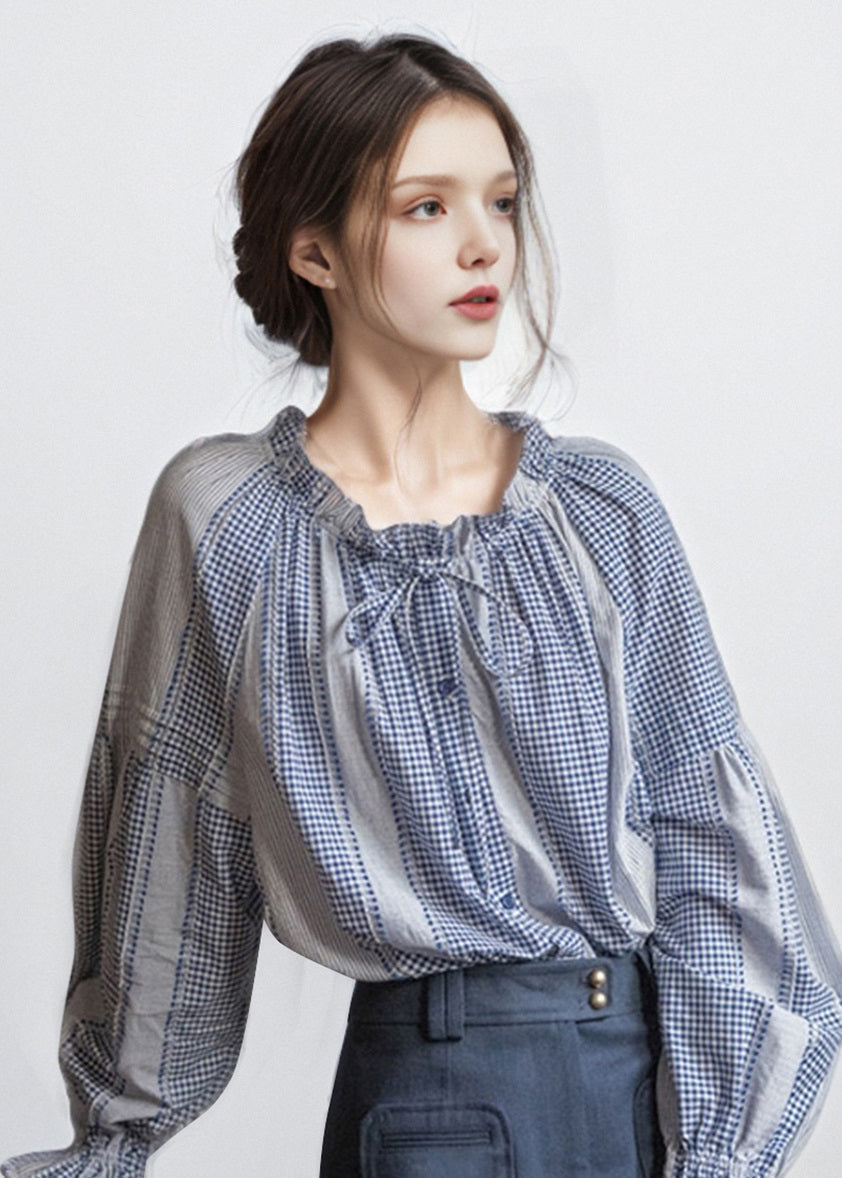 French Style Blue Ruffled Patchwork Cotton Blouses Fall