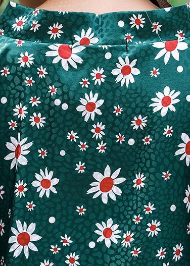 French Green Daisy Print Summer Dress Long Caftan Sundress