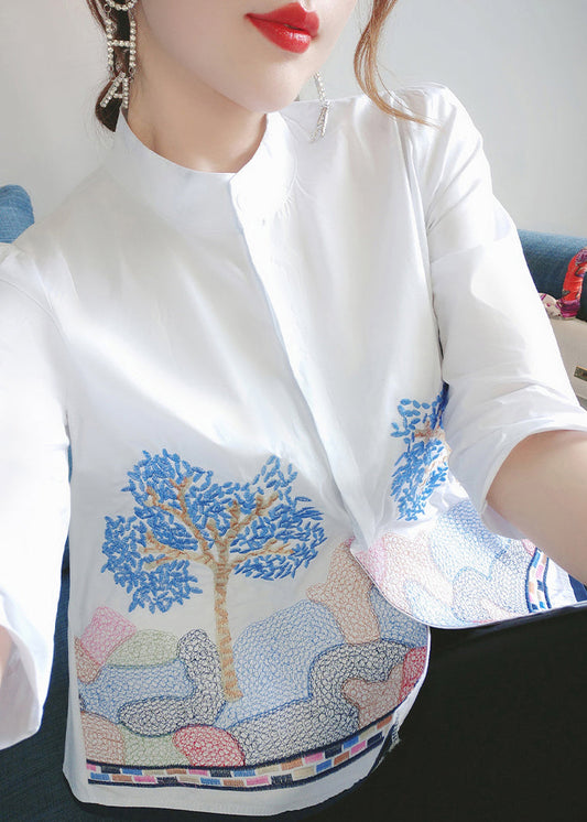 French White Embroidered Button Cotton Shirts Bracelet Sleeve