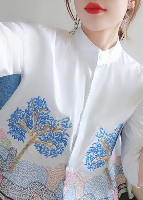 French White Embroidered Button Cotton Shirts Bracelet Sleeve