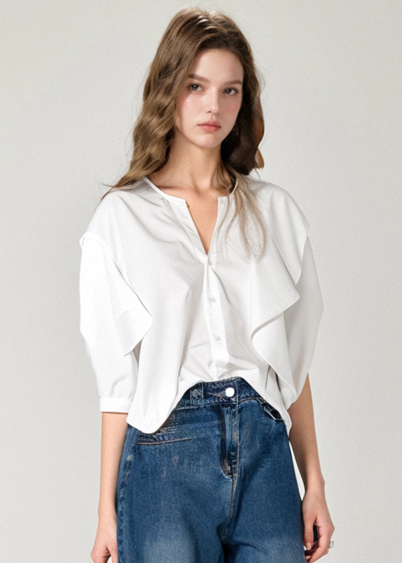 French White V Neck Ruffled Cotton Shirts Top Summer