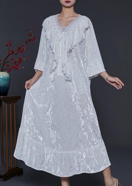 French White V Neck Ruffles Silk Velvet Long Dress Fall