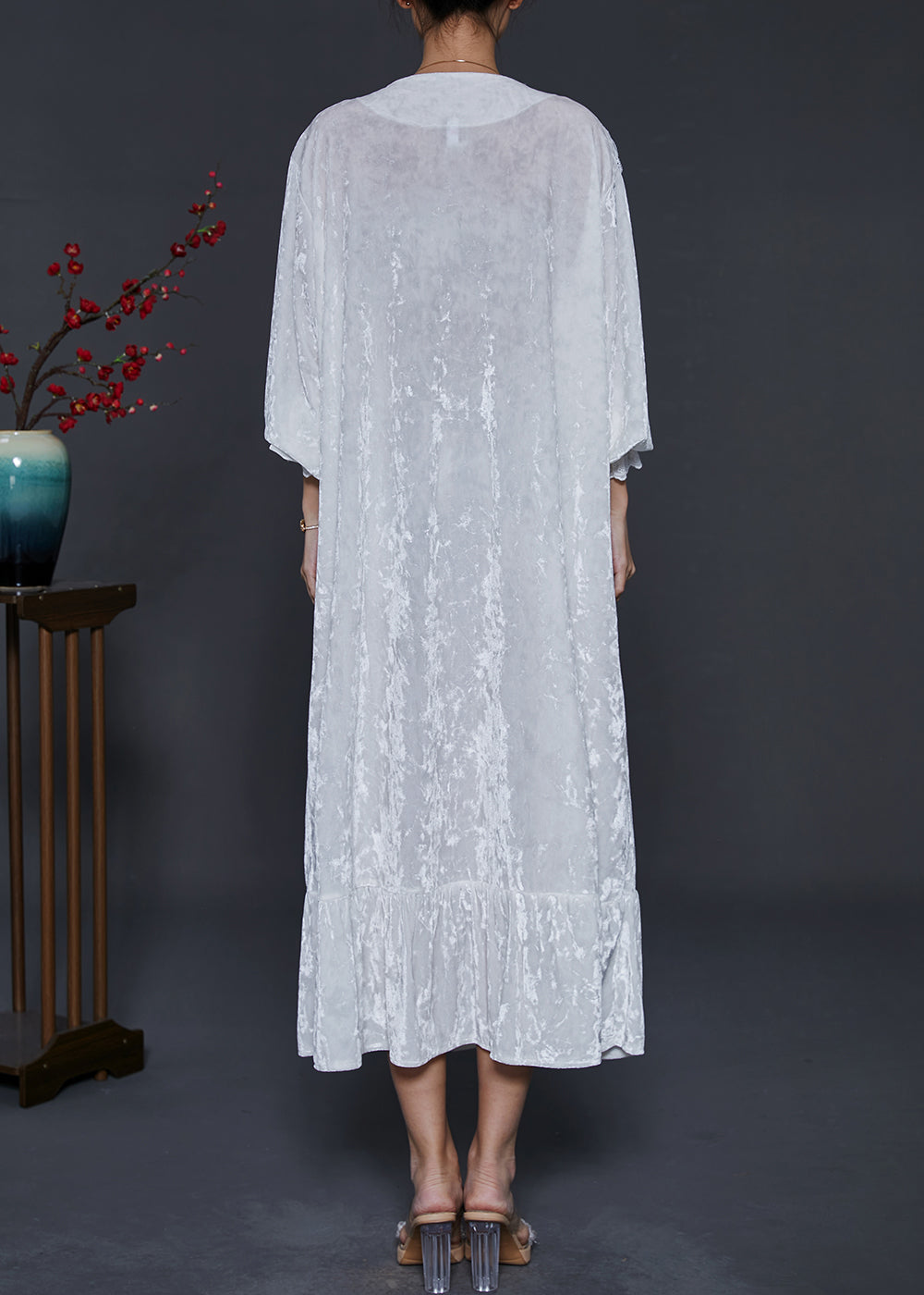 French White V Neck Ruffles Silk Velvet Long Dress Fall