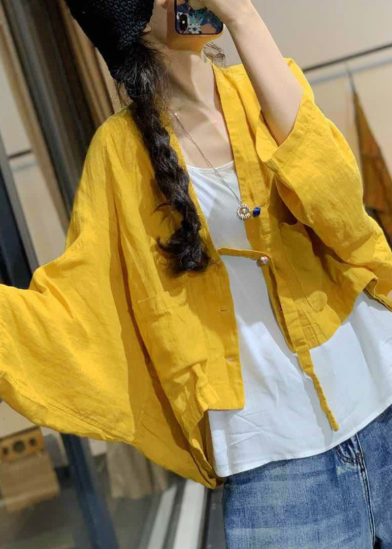 French Yellow Button Pockets Linen Coats Batwing Sleeve