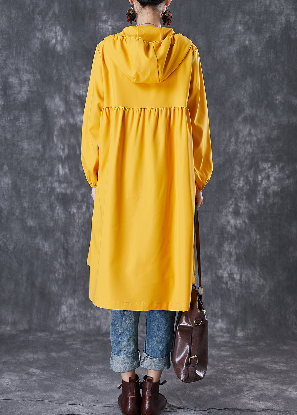 French Yellow Hooded Pockets Trench Coats Fall