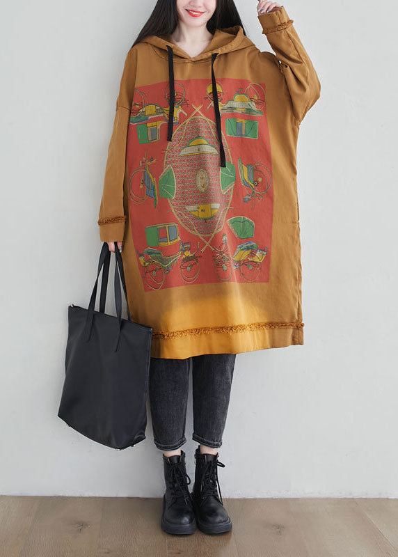 French Yellow Hooded Print Cotton Loose Sweatshirts Dress Spring