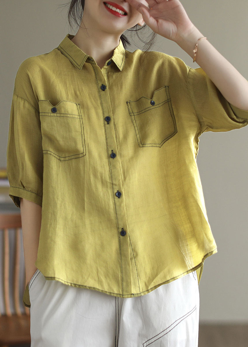 French Yellow Peter Pan Collar Patchwork Cotton Shirt Tops Summer