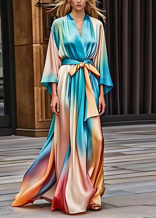 Gradient Color Blue Tie Waist Silk Long Dress Fall