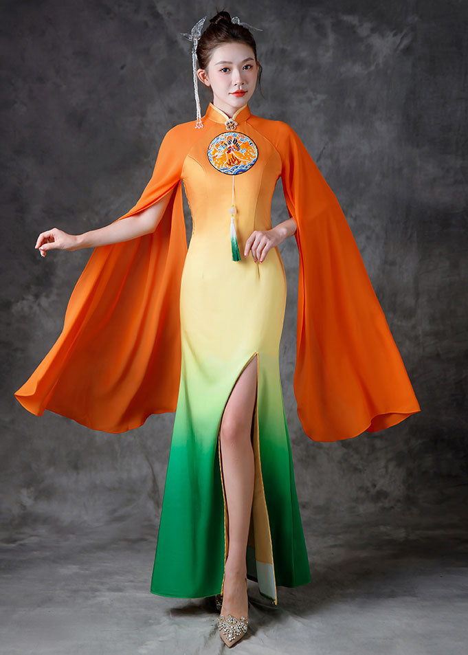 Gradient Color Orange Stand Collar Side Open Silk Fishtail Dresses Fall