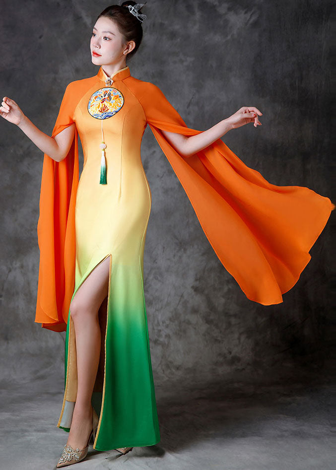 Gradient Color Orange Stand Collar Side Open Silk Fishtail Dresses Fall