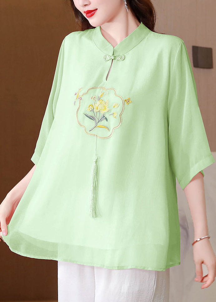 Grass Green Silk Shirts Top Mandarin Collar Tasseled Summer