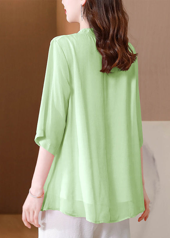 Grass Green Silk Shirts Top Mandarin Collar Tasseled Summer