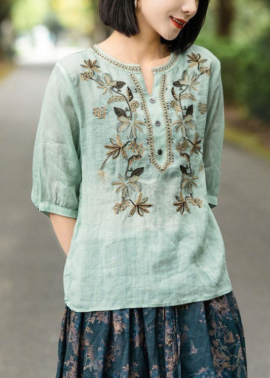 Green Button Patchwork Cotton T Shirt V Neck Half Sleeve