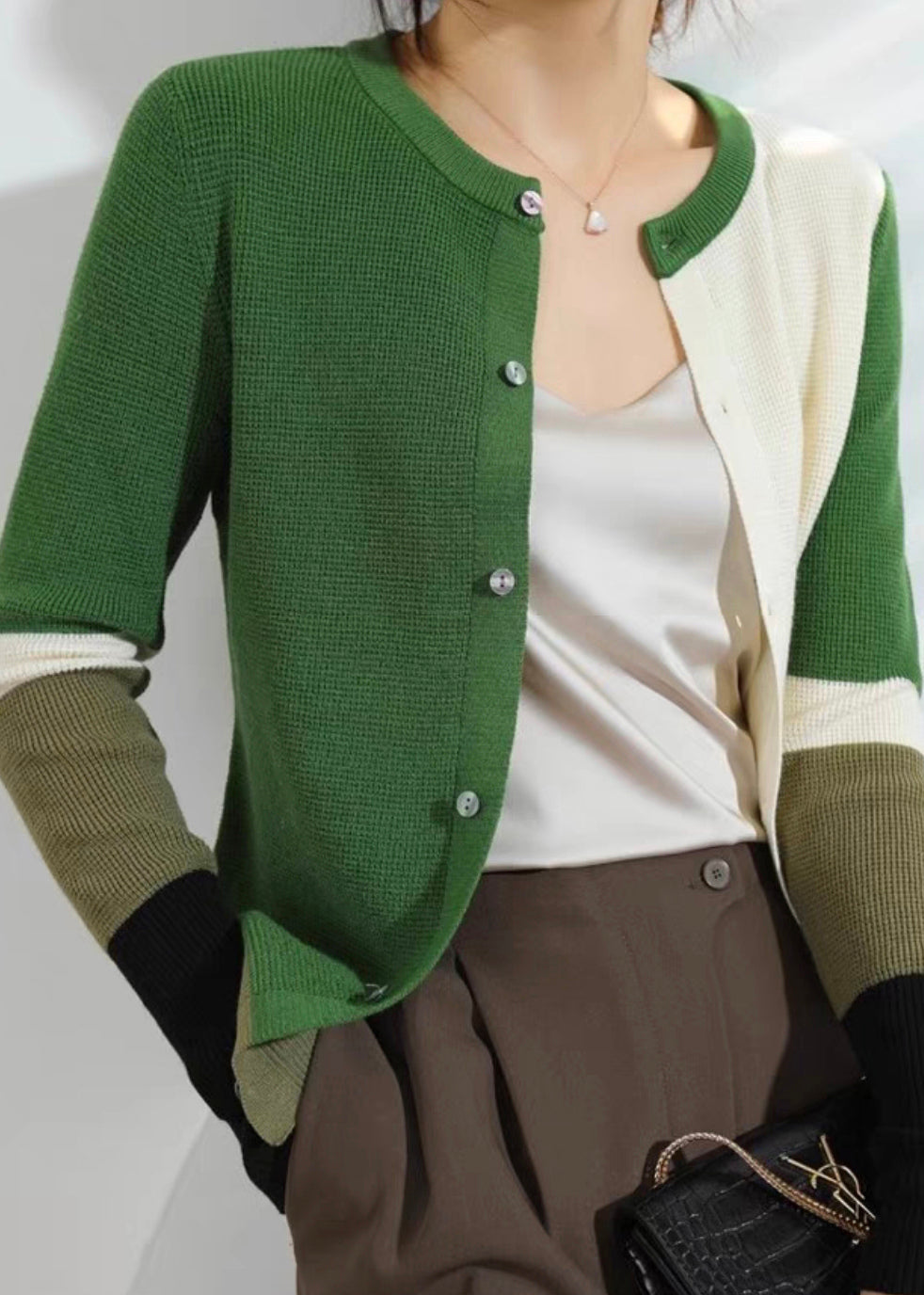 Green Button Patchwork Knit Fall Cardigan O Neck