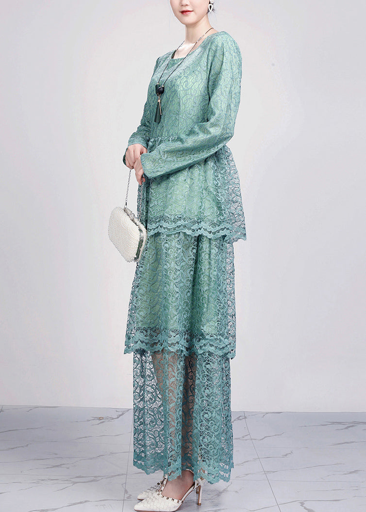 Green Hollow Out Solid Lace Dresses O Neck Fall