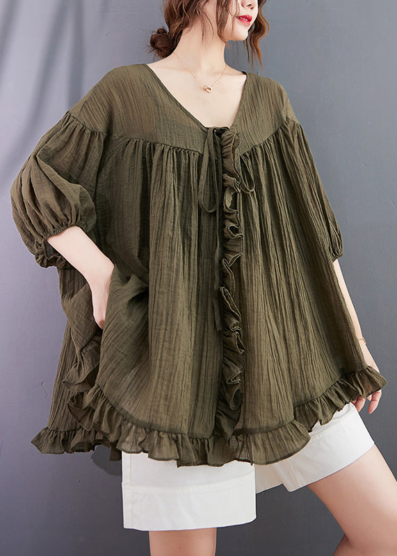 Green Loose Cotton Shirt Tops V Neck Ruffled Lantern Sleeve