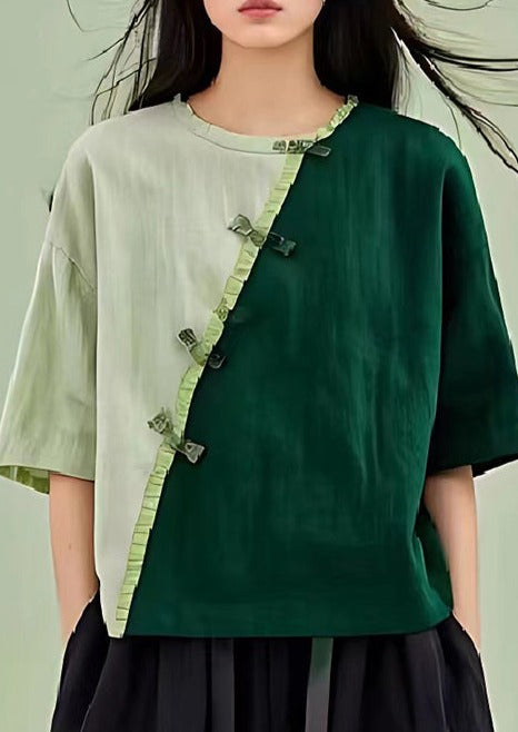 Green Patchwork Linen Blouses Chinese Button Wrinkled Summer