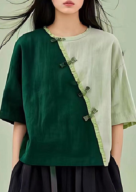 Green Patchwork Linen Blouses Chinese Button Wrinkled Summer