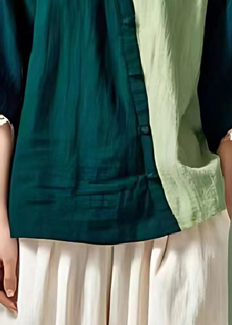 Green Patchwork Linen Tops V Neck Oversized Summer