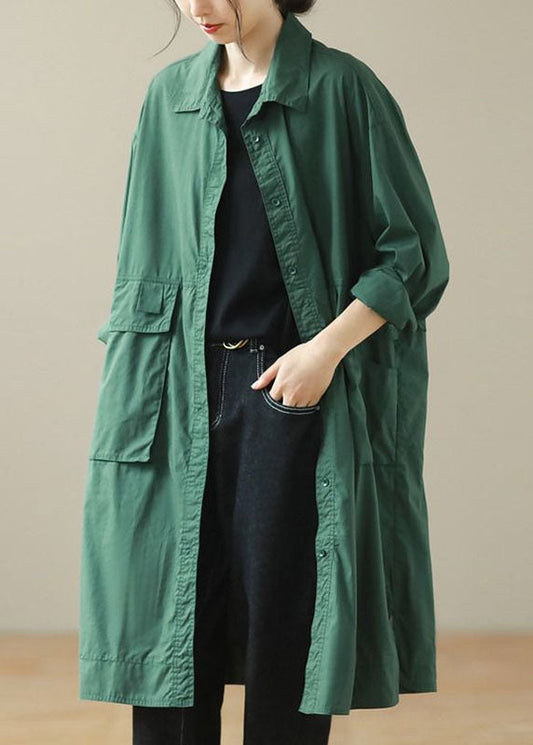 Green Pockets Patchwork Button Mid Trench Coat Fall