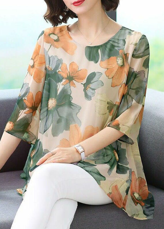 Green Print Patchwork Chiffon T Shirt Tops O Neck Summer