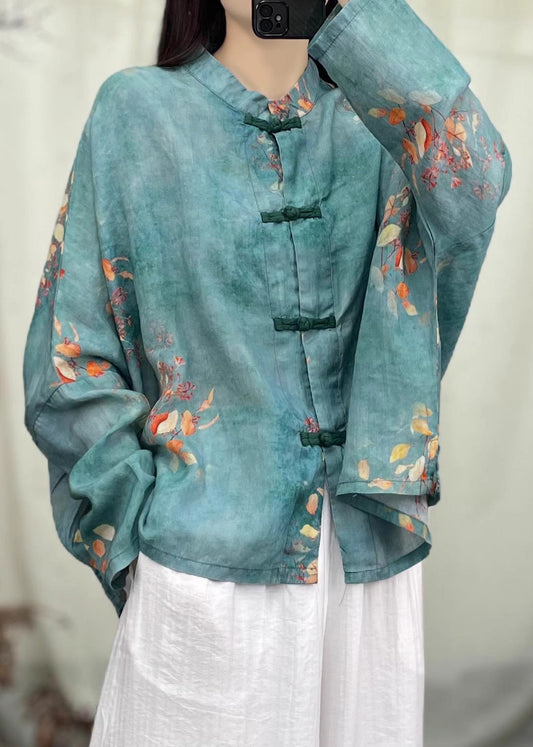 Green Print Patchwork Linen Coat O Neck Long Sleeve