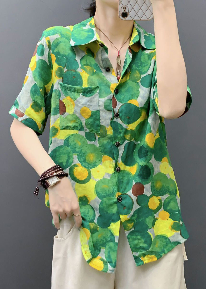 Green Print Pockets Cotton Blouse Peter Pan Collar Short Sleeve