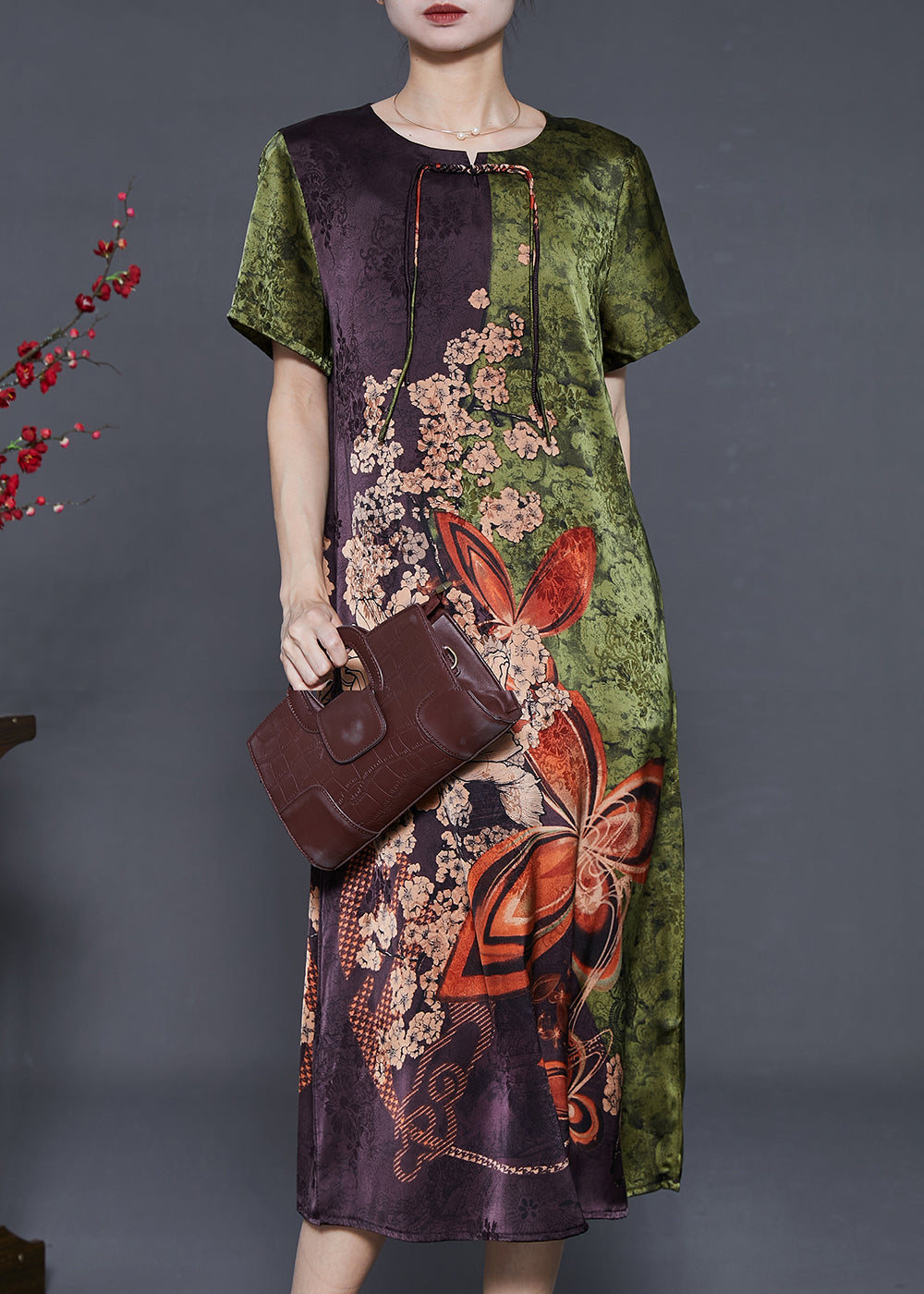 Green Print Silk Holiday Dress Chinese Button Summer