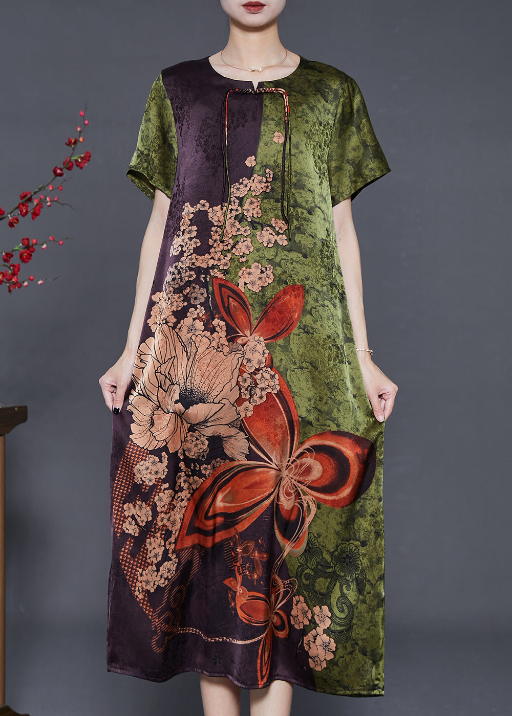 Green Print Silk Holiday Dress Chinese Button Summer