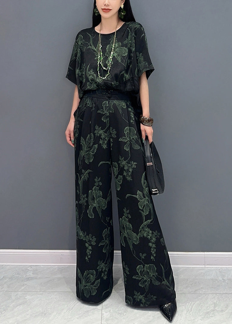 Green Print Silk Tops And Pants Two Pieces Set Summer