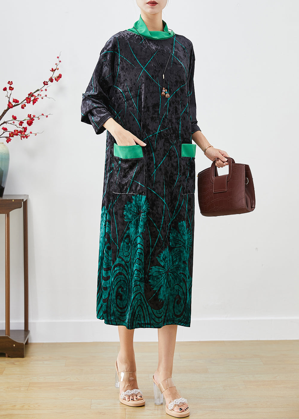 Green Print Silk Velour Maxi Dresses Turtle Neck Half Sleeve