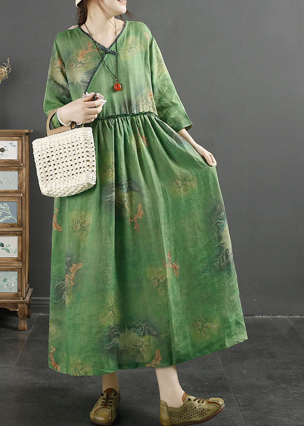 Green Ruffled Patchwork Tie Waist Ramie Maxi Dresses Fall