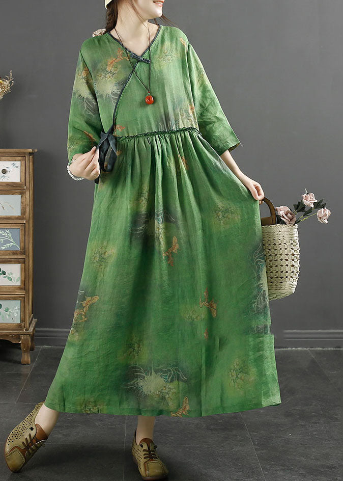 Green Ruffled Patchwork Tie Waist Ramie Maxi Dresses Fall