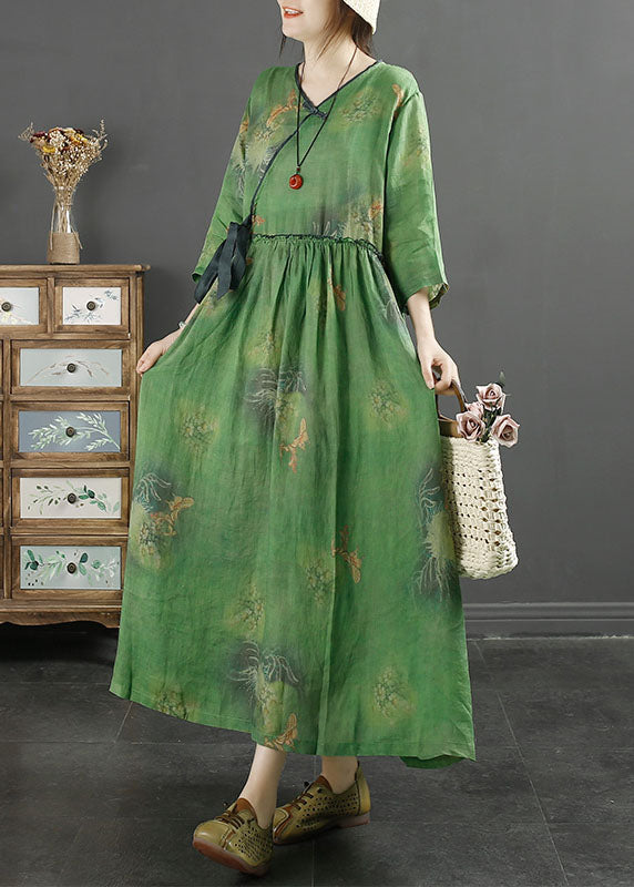 Green Ruffled Patchwork Tie Waist Ramie Maxi Dresses Fall