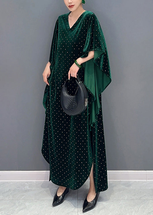 Green Side Open Patchwork Velour Long Dress V Neck Batwing Sleeve