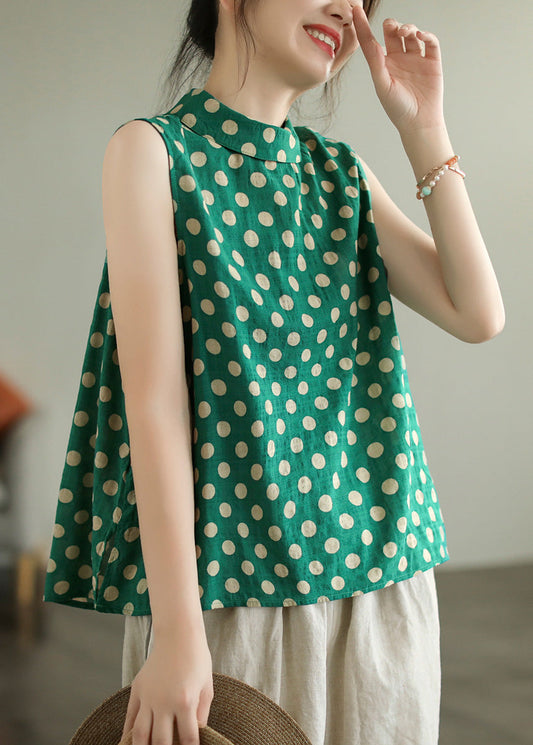 Green Stand Collar Dot Cotton Top Sleeveless