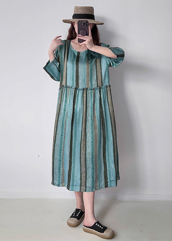 Green Striped Silk Party Dress Oversized Ruffled Fall