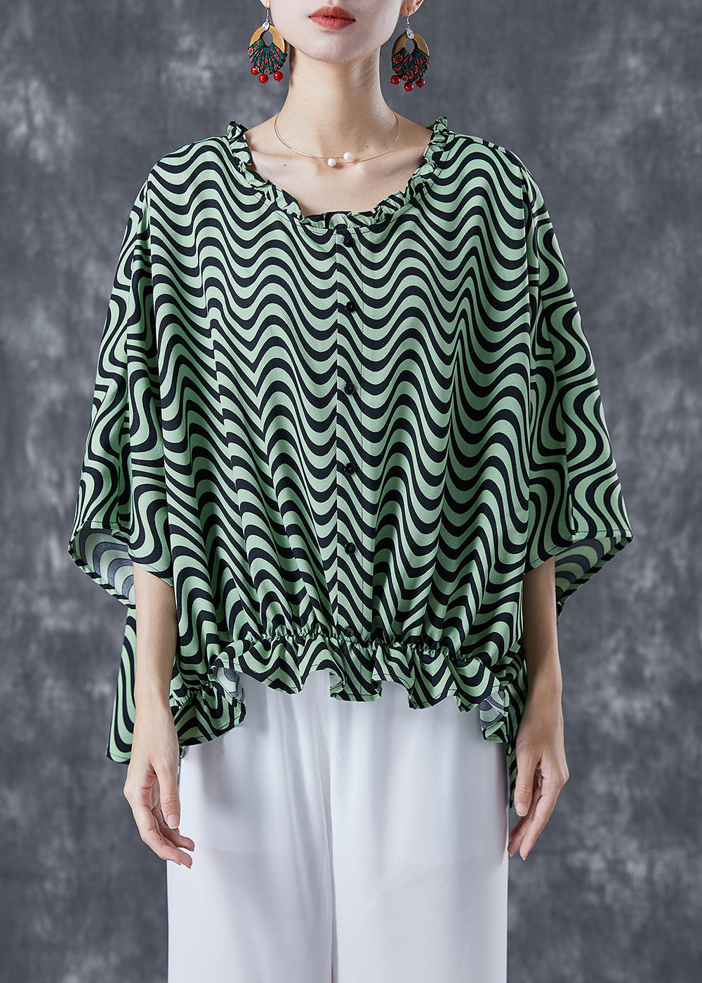 Green Wave Striped Loose Cotton Shirt Tops Ruffled Batwing Sleeve