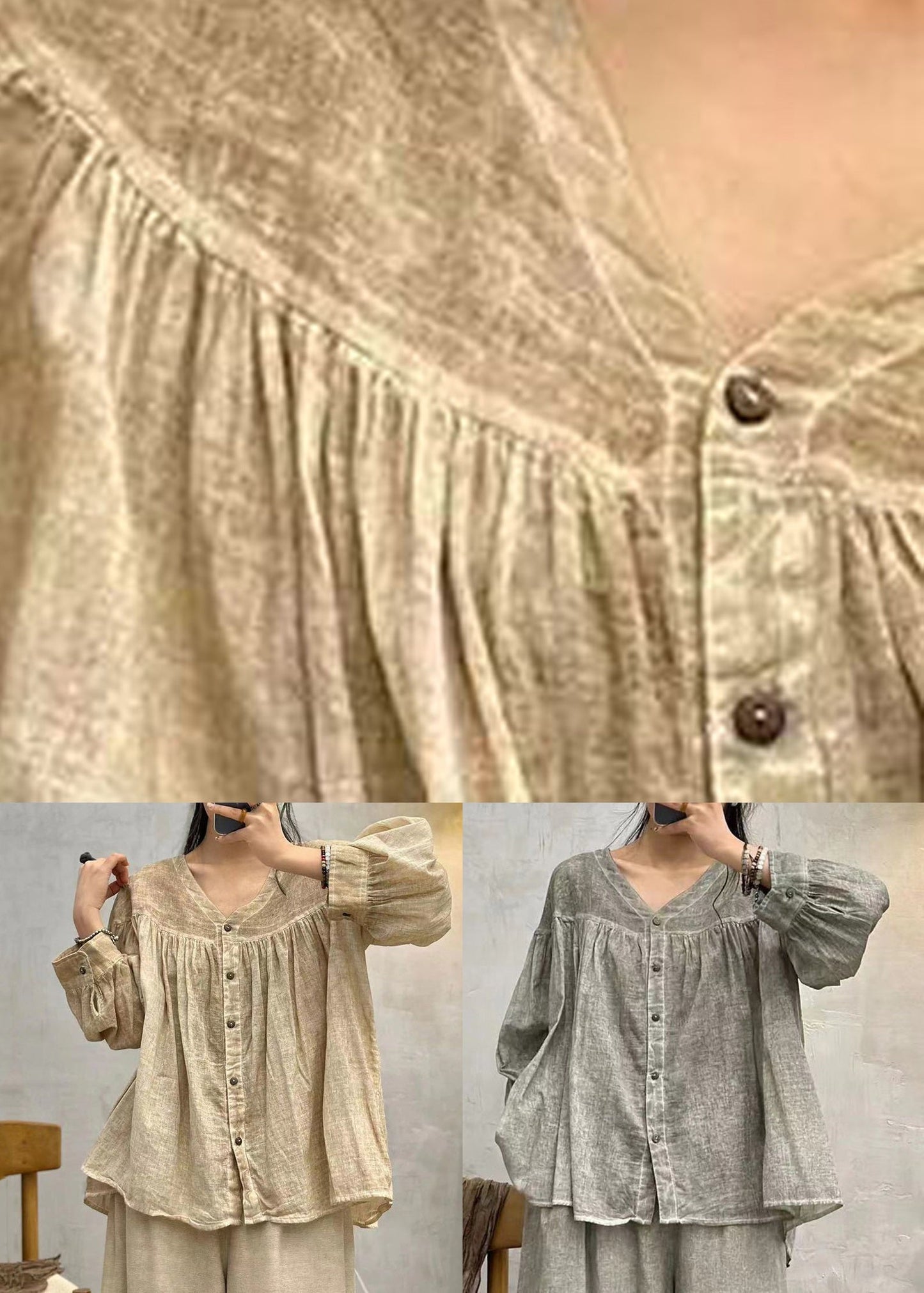 Grey Button Solid Cotton Blouses V Neck Long Sleeve