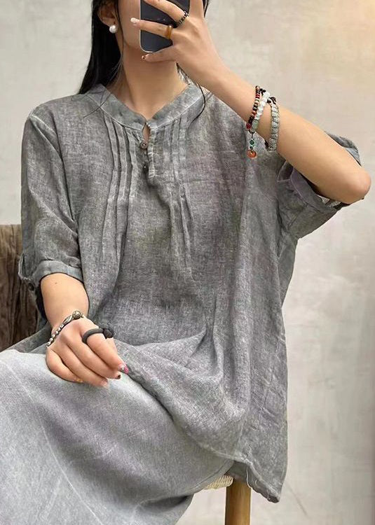 Grey Button Solid Cotton Shirts Stand Collar Half Sleeve