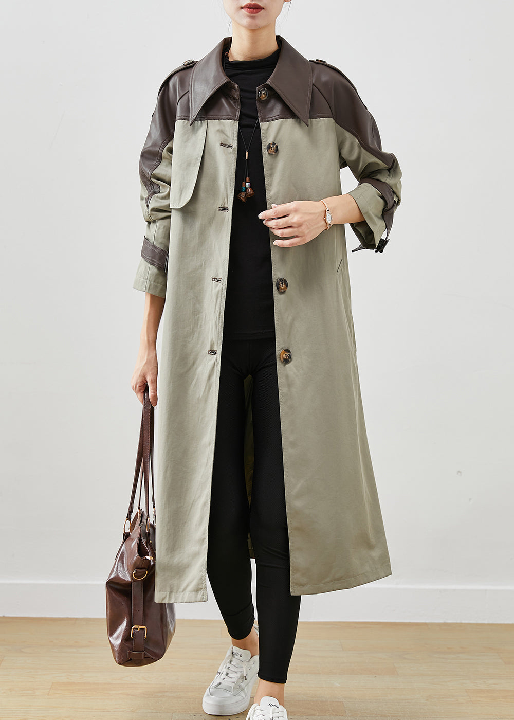 Grey Green Patchwork Cotton Trench Peter Pan Collar Spring