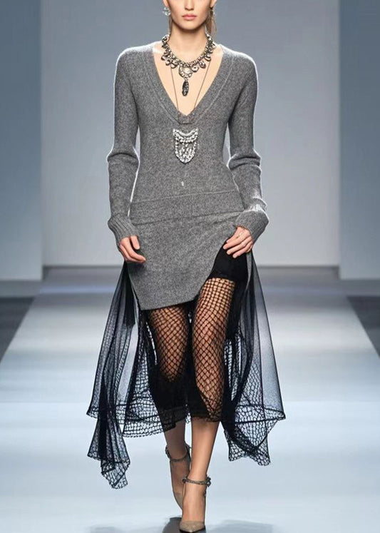 Grey Patchwork Tulle Long Knit Dress V Neck Hollow Out Fall