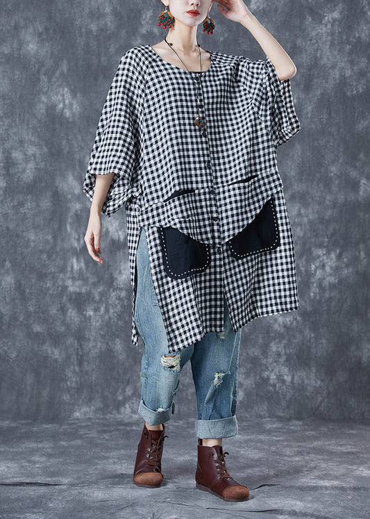 Grey Plaid Cotton Shirts Oversized Side Open Summer