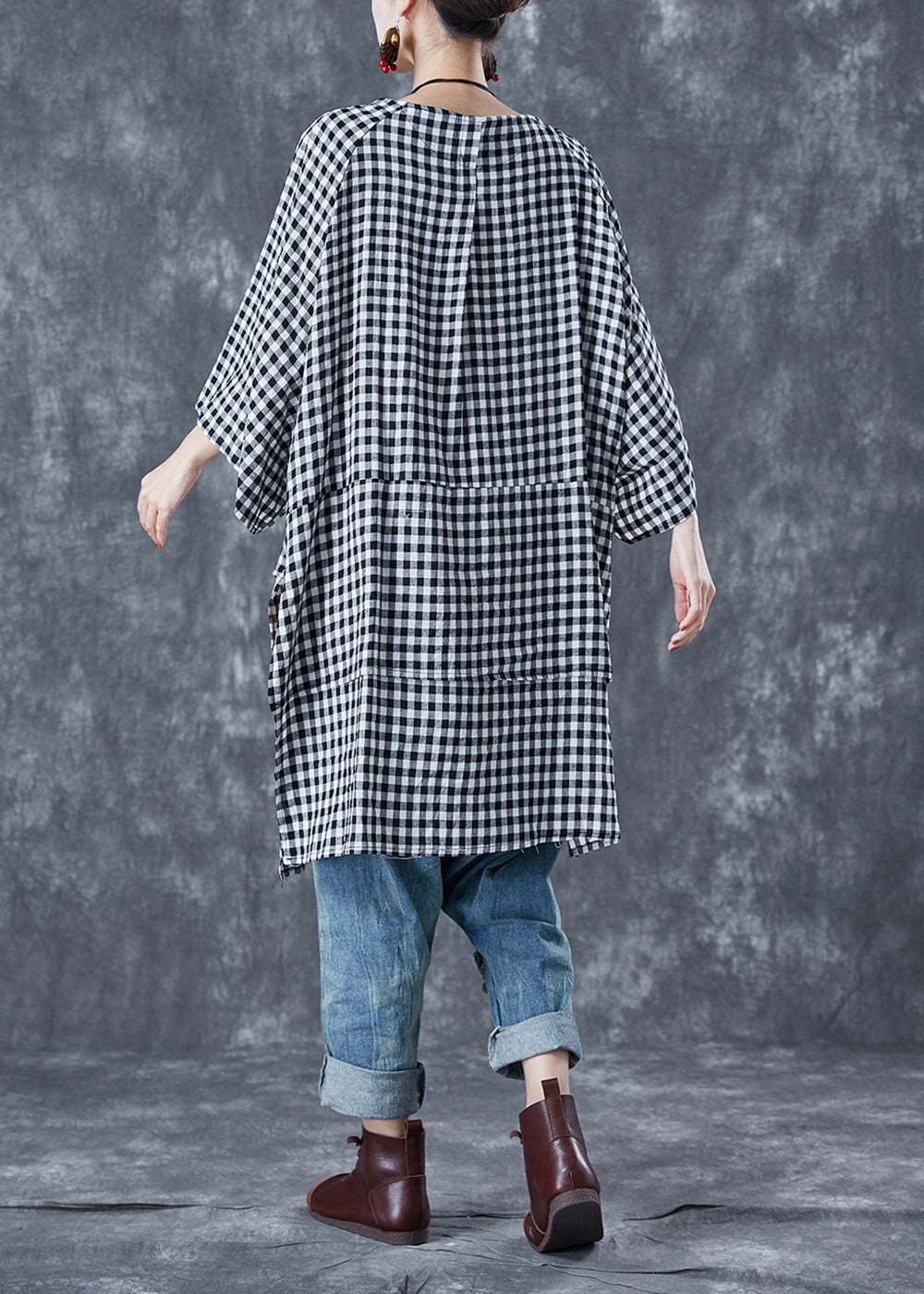 Grey Plaid Cotton Shirts Oversized Side Open Summer